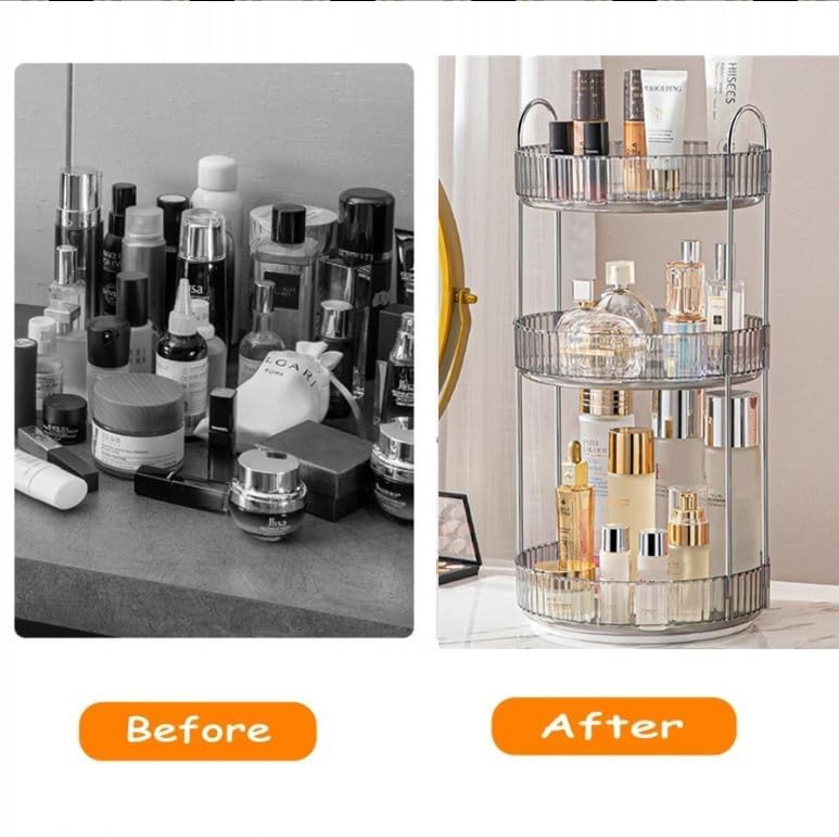 Makeup Organizer for Vanity, 360° Rotating Bathroom Organizer Countertop, High-Capacity Skincare Organizer, Spinning Cosmetics Organizer for Dresser Countertop (3 Tiers, Grey)