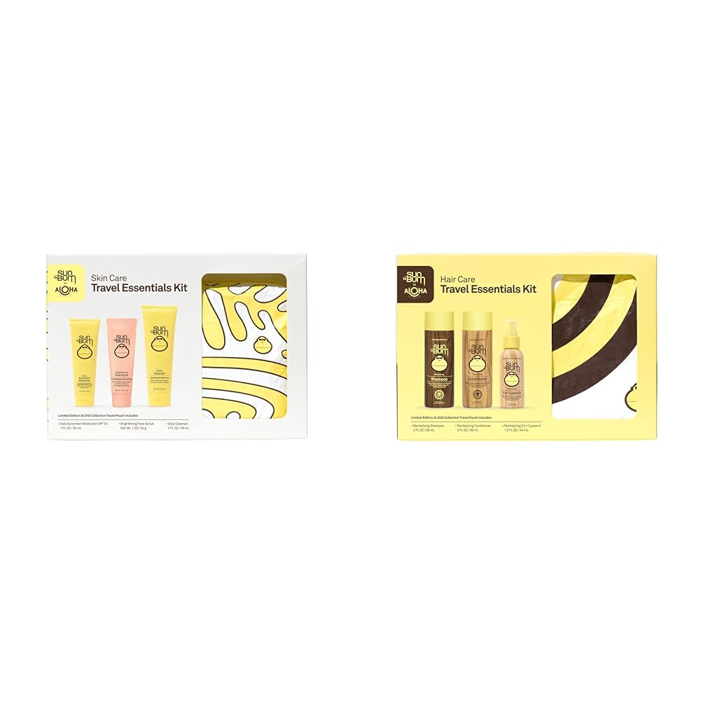 Sun Bum Skin & Hair Care Travel Essentials Kits | Cleanse, Brighten, Moisturize Skin & Revitalize Hair | Includes Aloha Splash-Proof Pouches