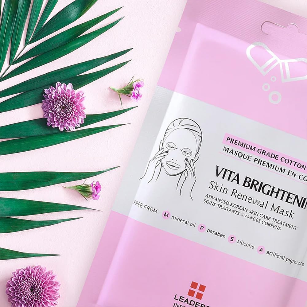 Leaders Insolution VITA Brightening Skin Renewal Mask | Vitamin C & Niacinamide for Dark Spot Reduction and Luminous Glow | 100% Natural Cotton Sheet for Dull Skin (5 Sheets)