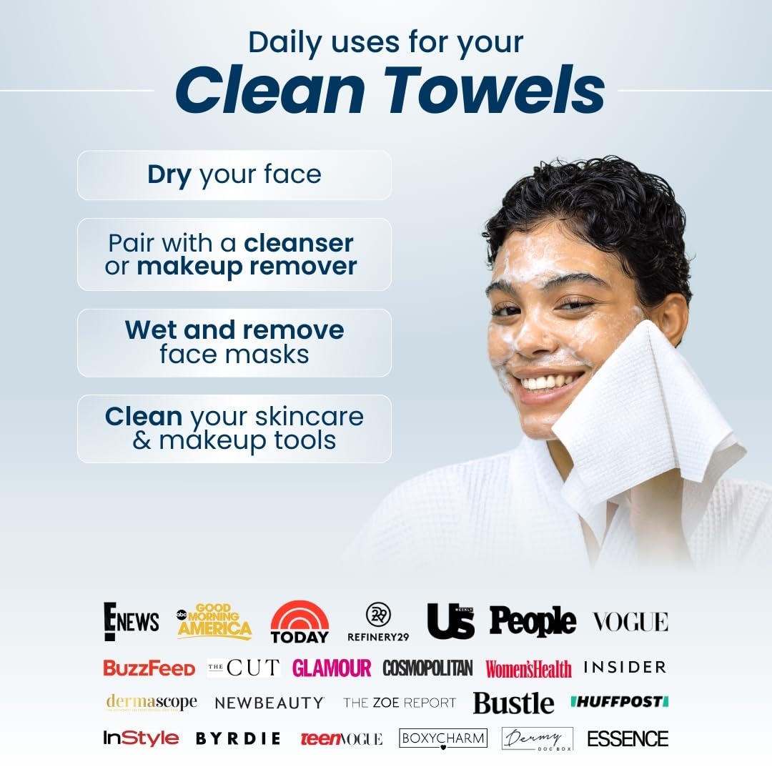 Clean Skin Club Clean Towels XL, USDA Certified 100% Biobased Dermatologist Approved Disposable Face Towelette, Facial Washcloth, Makeup Remover Dry Wipes, Ultra Soft, 150 count, 3 pack