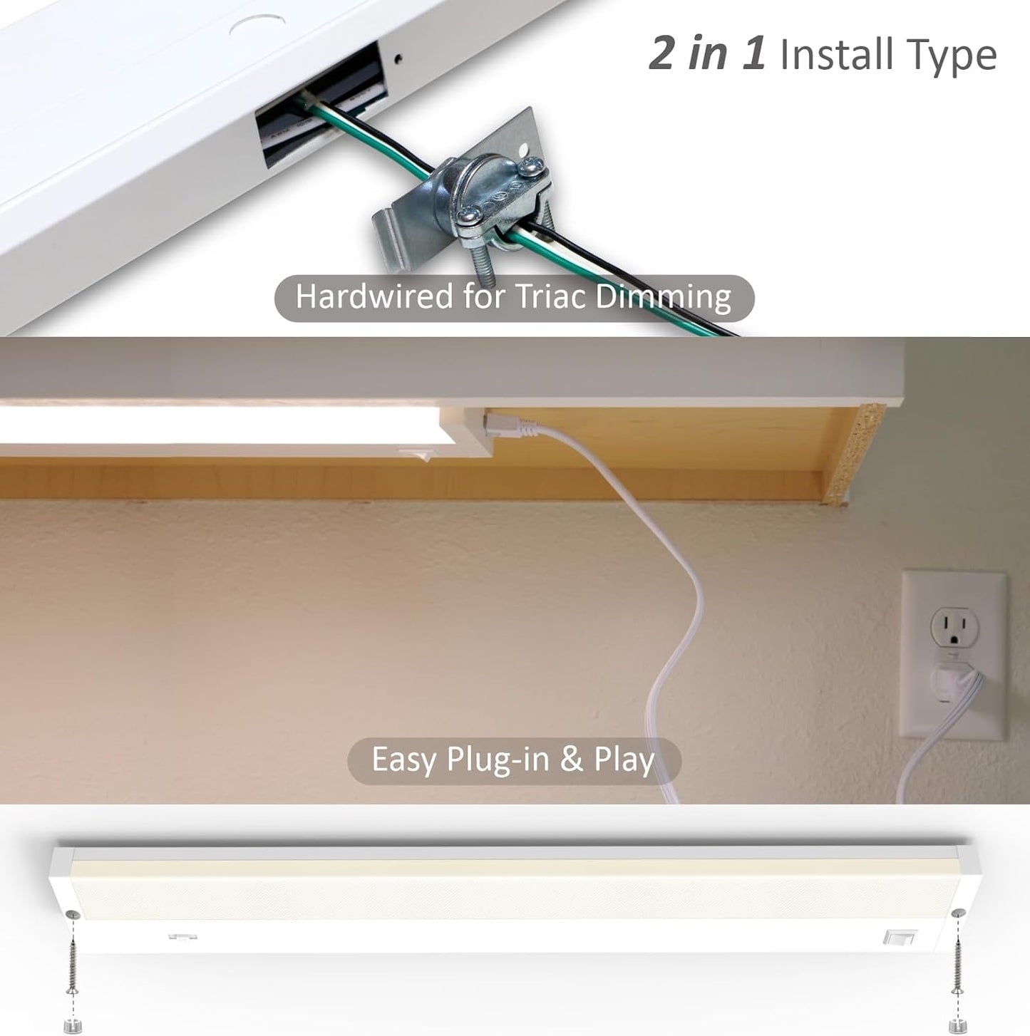 LED Under Cabinet Lighting Hardwired or Plug in, 18 Inch 9W, Dimmable 5 Color 2700K/3000K/3500K/4000K/5000K, Linkable Eyes Care Design Counter Lights for Kitchen, Sink, ETL Listed, White