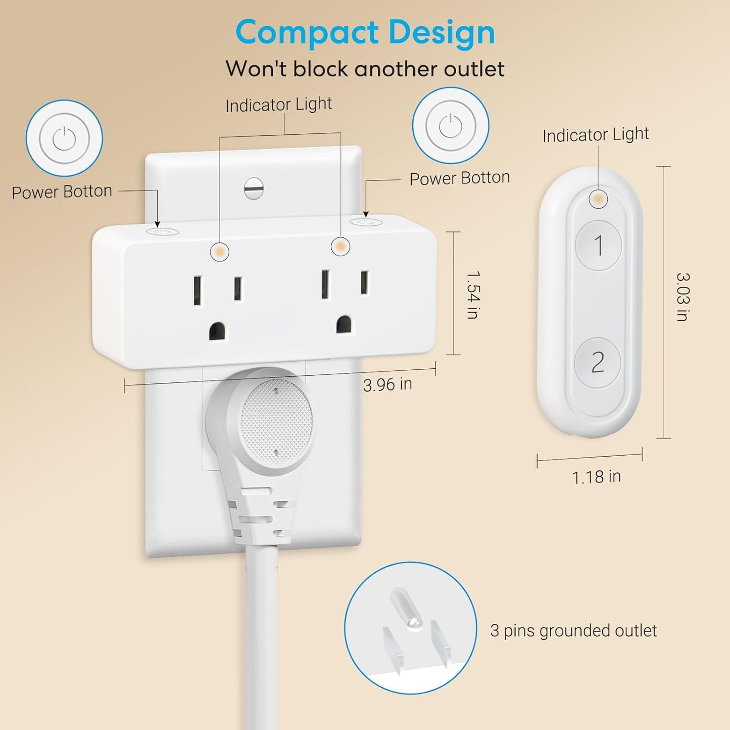 Remote Control Outlet with 2 Independent Sockets & Wireless Light Switch, for Home Appliances (Lamps, Holiday Lights, Fan), Wall Holder & Battery Included, 100FT Range, 15A/1800W