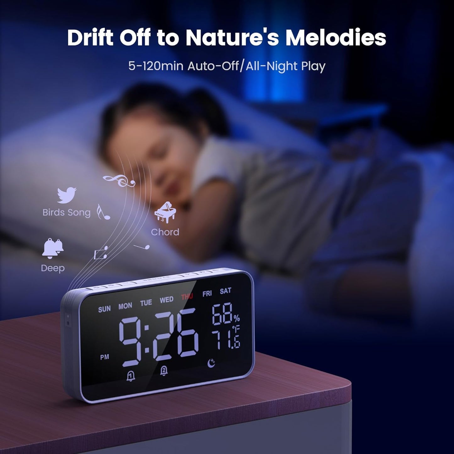 Dekala Digital Alarm Clocks for Bedrooms, Loud Alarm Clock for Heavy Sleepers, Temperature & Humidity Detect, Dual Alarms Weekday/Weekend Mode, Large Display Auto Dimmer, Sleep Sound,9 Ringtone