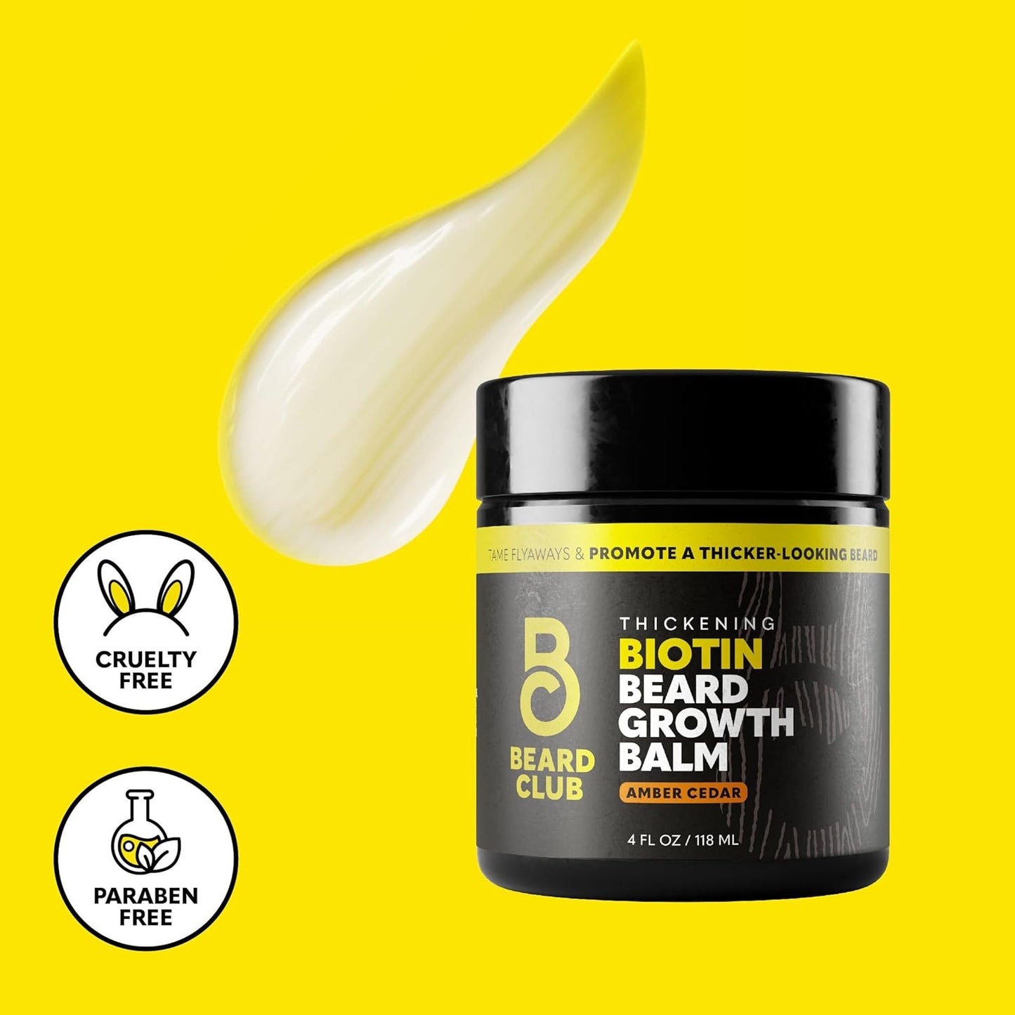 The Beard Club Biotin Beard Balm for Men - Beard Growth Shea Butter with Castor & Coconut Oil - Moisturizing, Hydrating and Softening Cream - Amber Cedar Scent - 4 oz