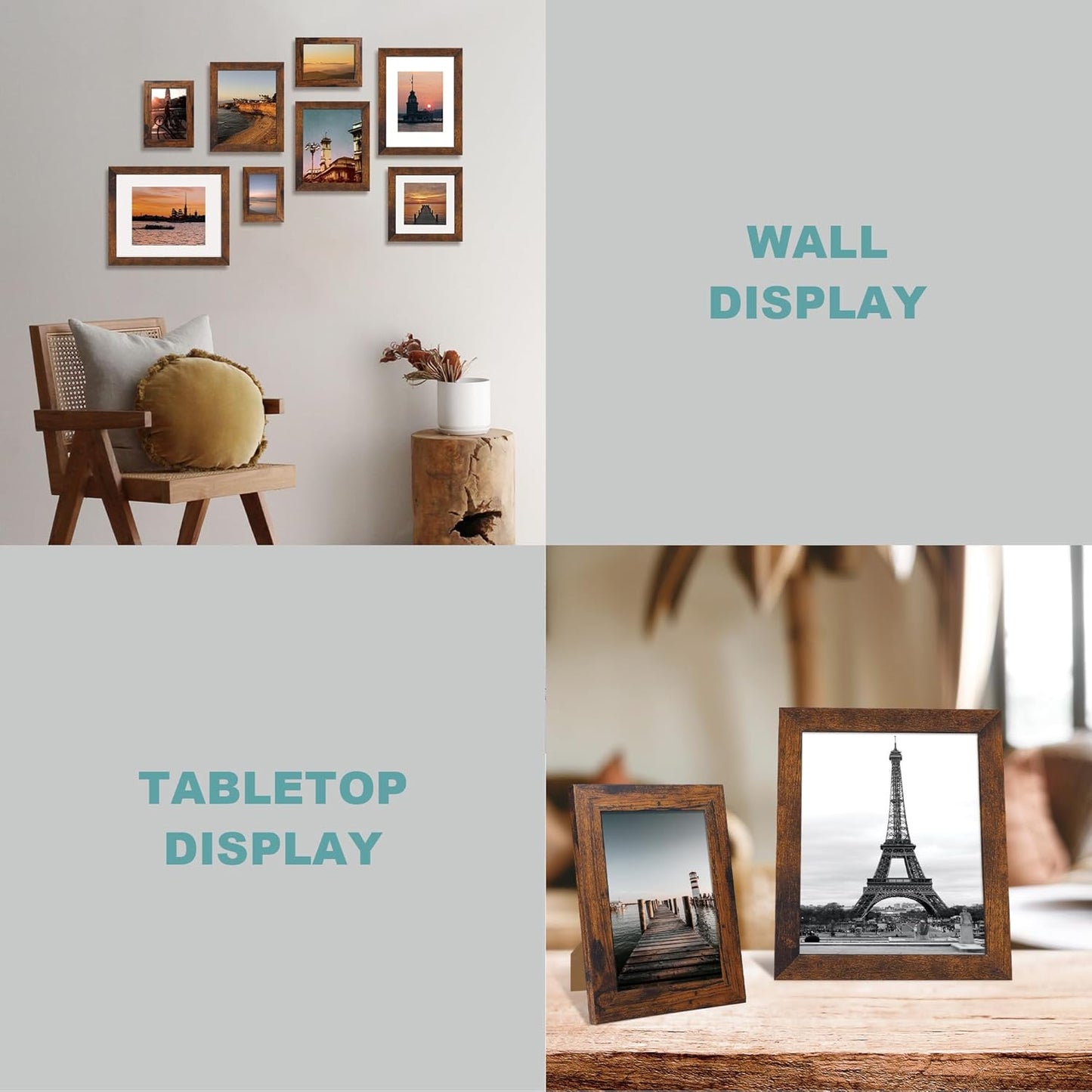 iRahmen 12x12 Picture Frame Set of 4 with Tempered Glass, Rustic Frame Display 10x10 Pictures with Mat or 12 x 12 Without Mat, Wood Square Photo Frames for Desktop Display and Wall Mounting
