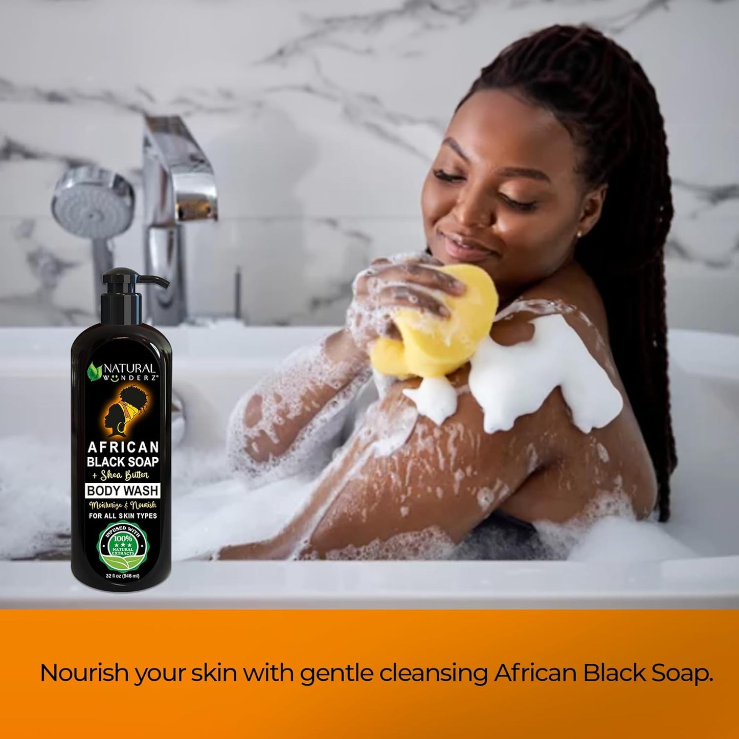 Body Wash with African Black Soap and Shea Butter, 32 Fl Oz Shower Gel, Promotes Acne Treatment, Contains All Natural Extracts, Vegan, and Sulfate-Free Body Scrub