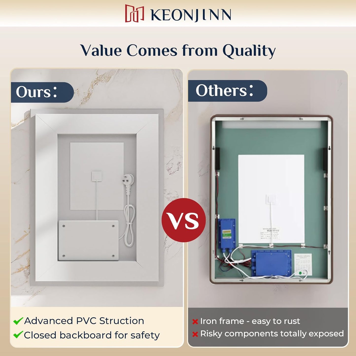 Keonjinn 36" x 36" Square Bathroom Mirror with Lights, Frontlit & Backlit LED Mirror, Safe Tempered Glass, 3 Color Lights, Dimmable, Defogging, Smart Bathroom Vanity Mirror for Wall