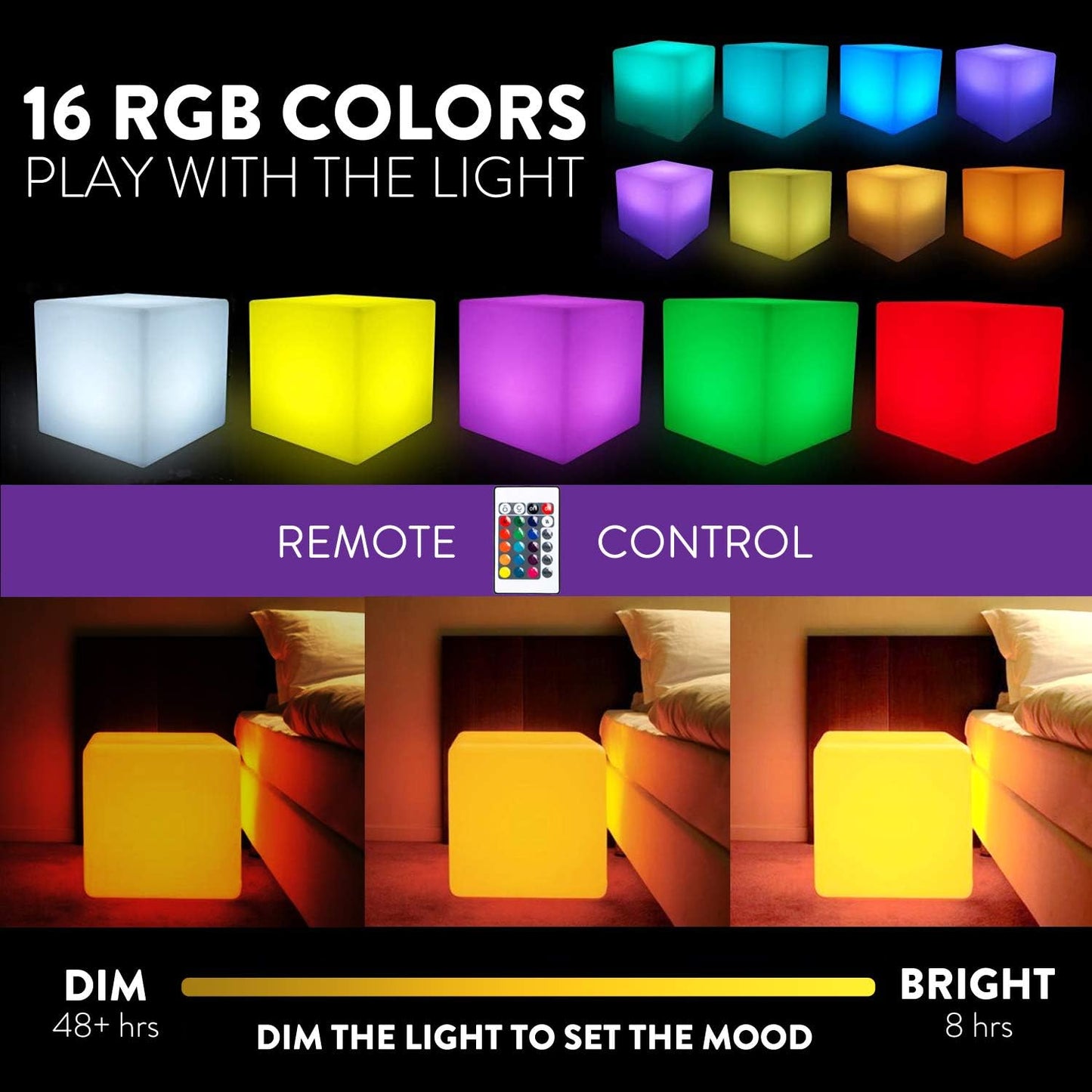 Mr.Go 12-inch Rechargeable Magic LED Light Cube Stool with Remote Control Fun Mood Lamp Soothing Night Light Decorative Lighting for Home Kids Bedside Bedroom Nightstand Nursery Pool Party