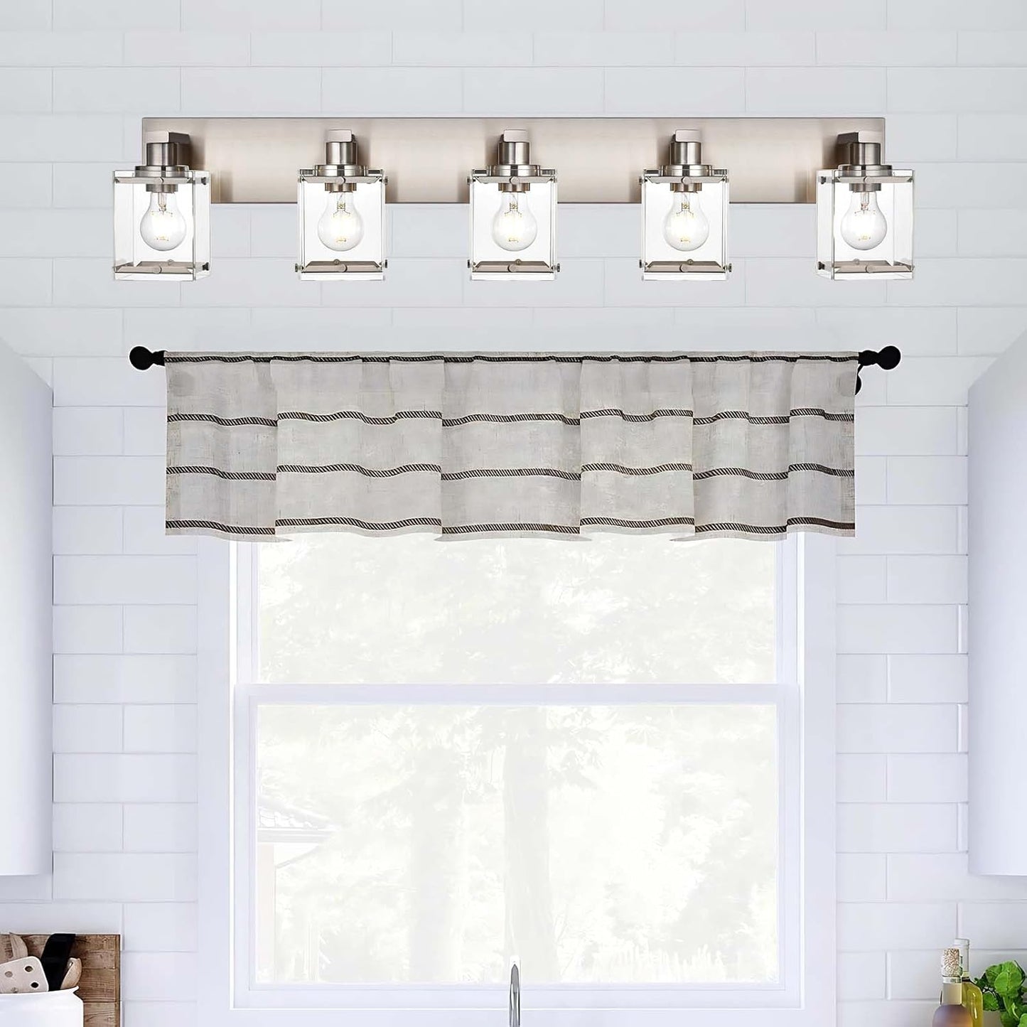 5-Lights Brushed Nickel Bathroom Wall Light with Clear Glass Shade, E26 Bulb Base Vanity Lighting Fixtures Over Mirror for Kitchen Cabinet Bedroom