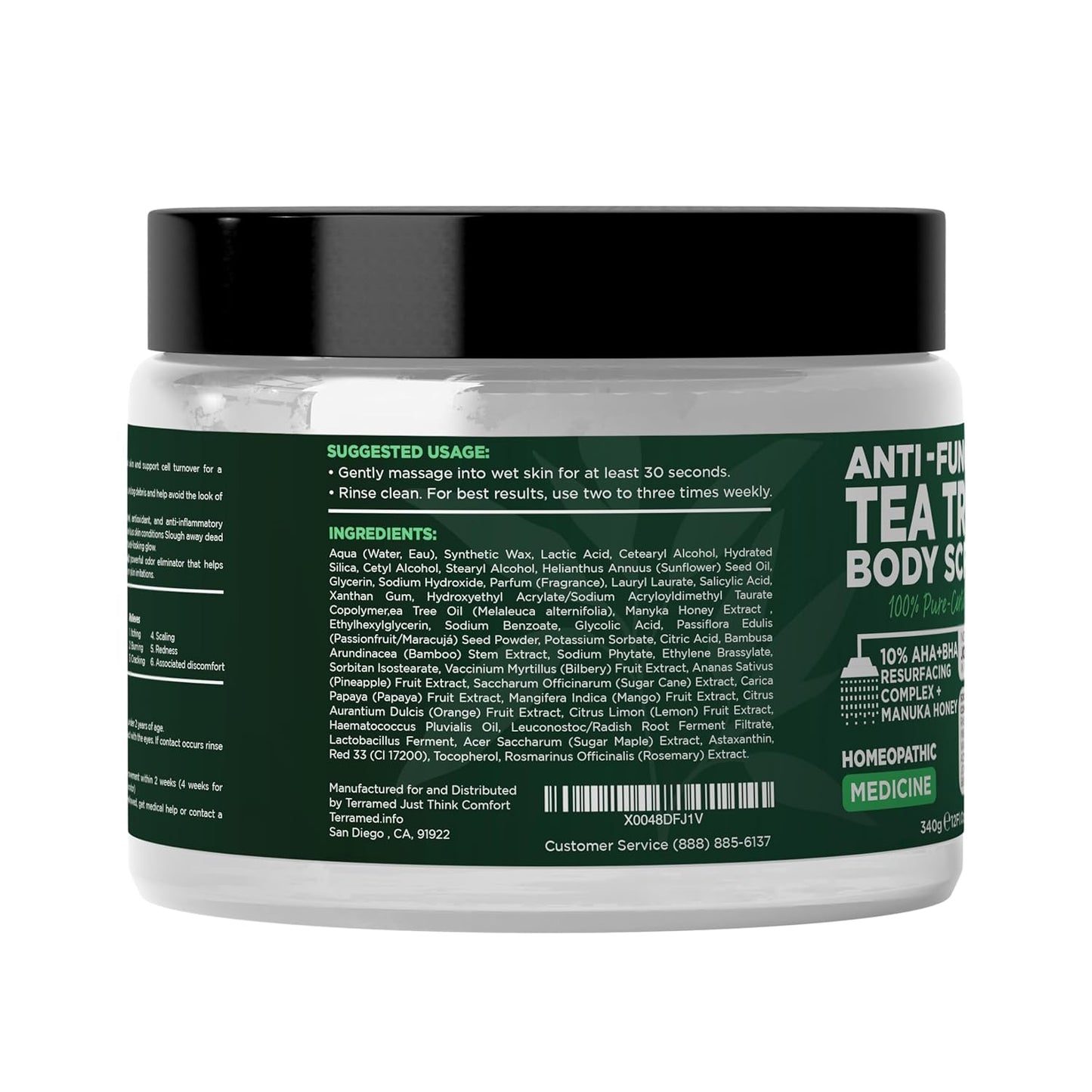 Terramed Just Think Comfort Antifungal Body Scrub with Tea Tree Oil β Exfoliating Body Wash for Women & Men β Soothes Itchy Skin, Rashes, Acne, Warts & Insects Bites β 12 Fl oz with Scrubber Brush