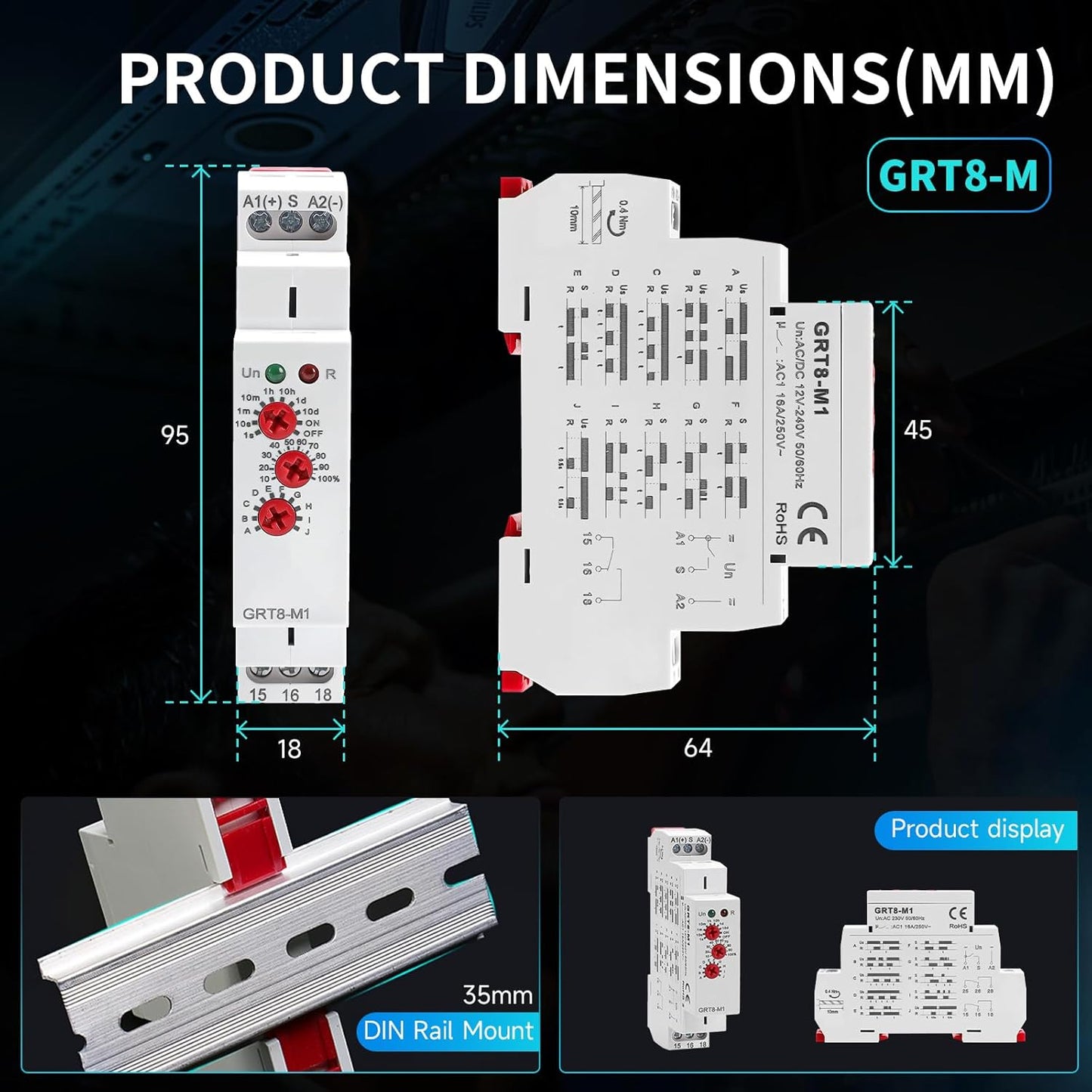 GRT8 M1 Multifunction Time Relay, 16A Delay ON Off AC DC 12-240V with 10 Relay Timer Function Choices DIN Rail Electronic Relays of Wide Time Delay Range for 0.1s-10 Days