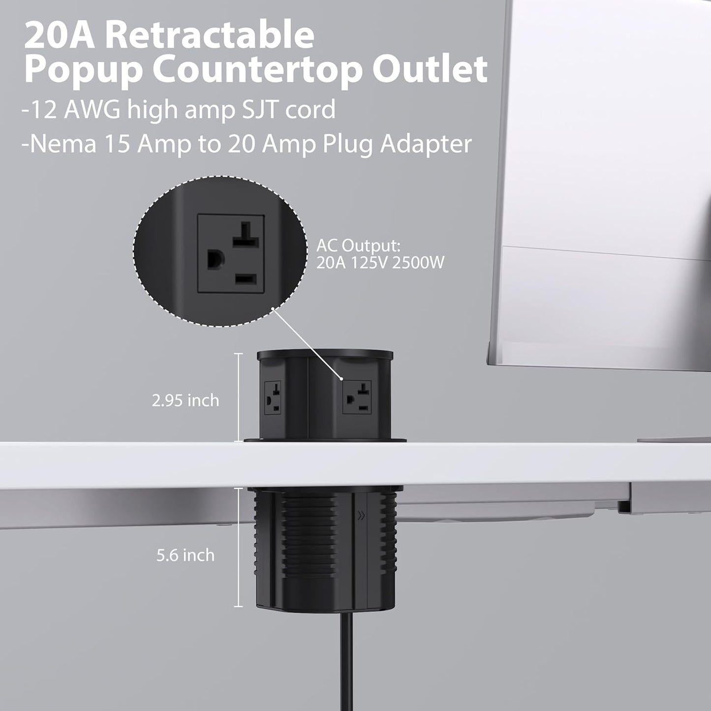ANNQUAN 20 Amp Pop Up Countertop Outlet with 15W Wireless Charger,Max 65W Power Delivery,4.75" Pop Up Electrical Outlet with 3 Outlets 3 USB Ports for Home Office