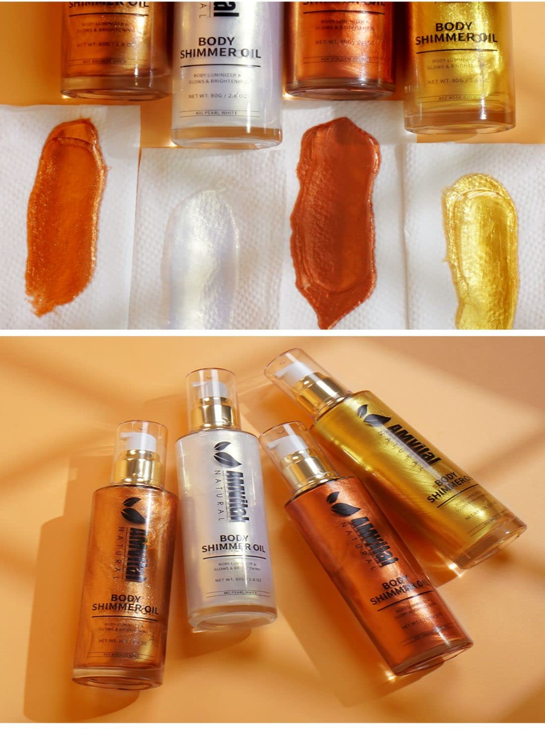 Shimmer Body Oil Golden Brown, Illuminator Highlighter for Face & Body Makeup Shine, Non-Sticky Body Moisturizing For All Skin Types, Fast Absorbing & lightweight Body Oil For Women