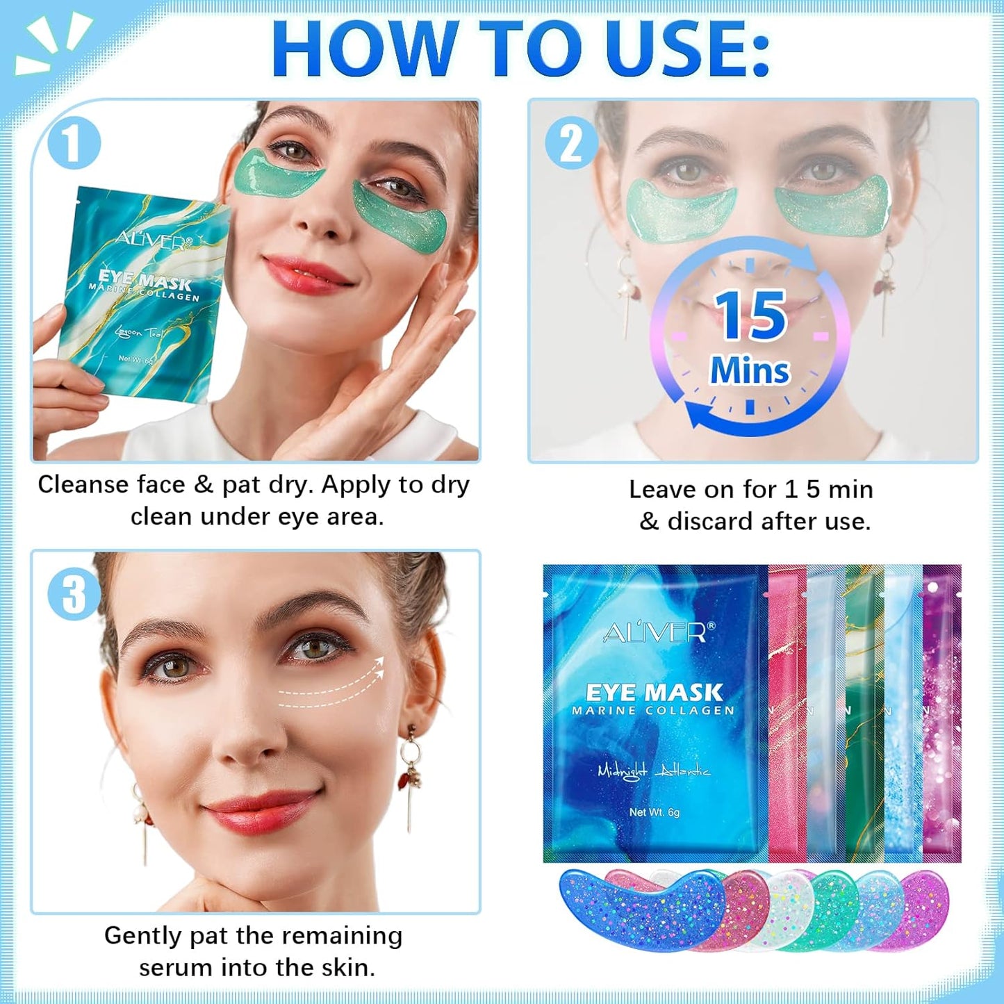Eye Gels with Natural Marine Collagen Hyaluronic & Pearl Under Eye Patches, Under Eye Masks for Puffy Eyes & Dark Circles & Eye Bags, Face Moisturizer Treatment, Reduce Wrinkles (12 Pcs)