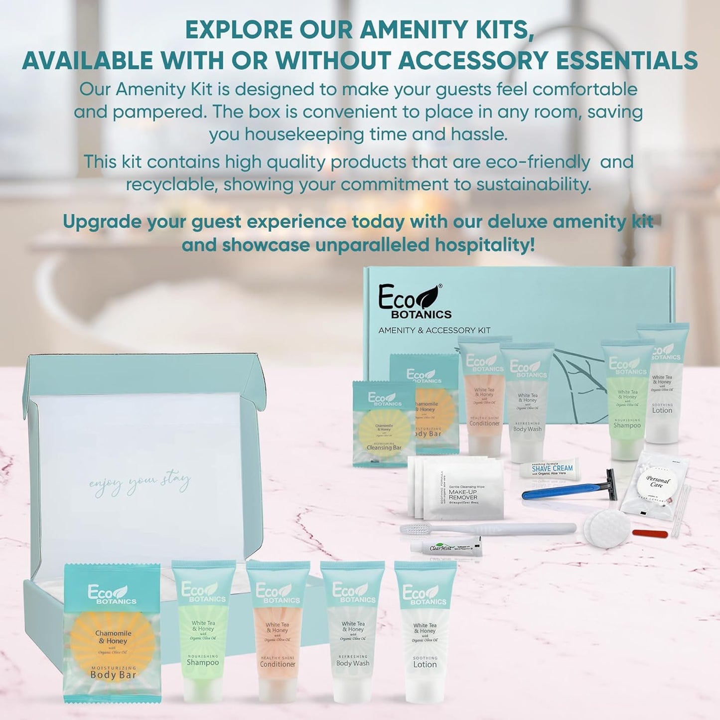 Eco Botanics Amenity Kit | Boxed Hotel Toiletries | Bulk Set 0.85 oz Travel Size Shampoo, Conditioner, Lotion, Body Wash & Body Bar Soap for Guest Hospitality AirBnB/Vacation Rentals | 1 set per case
