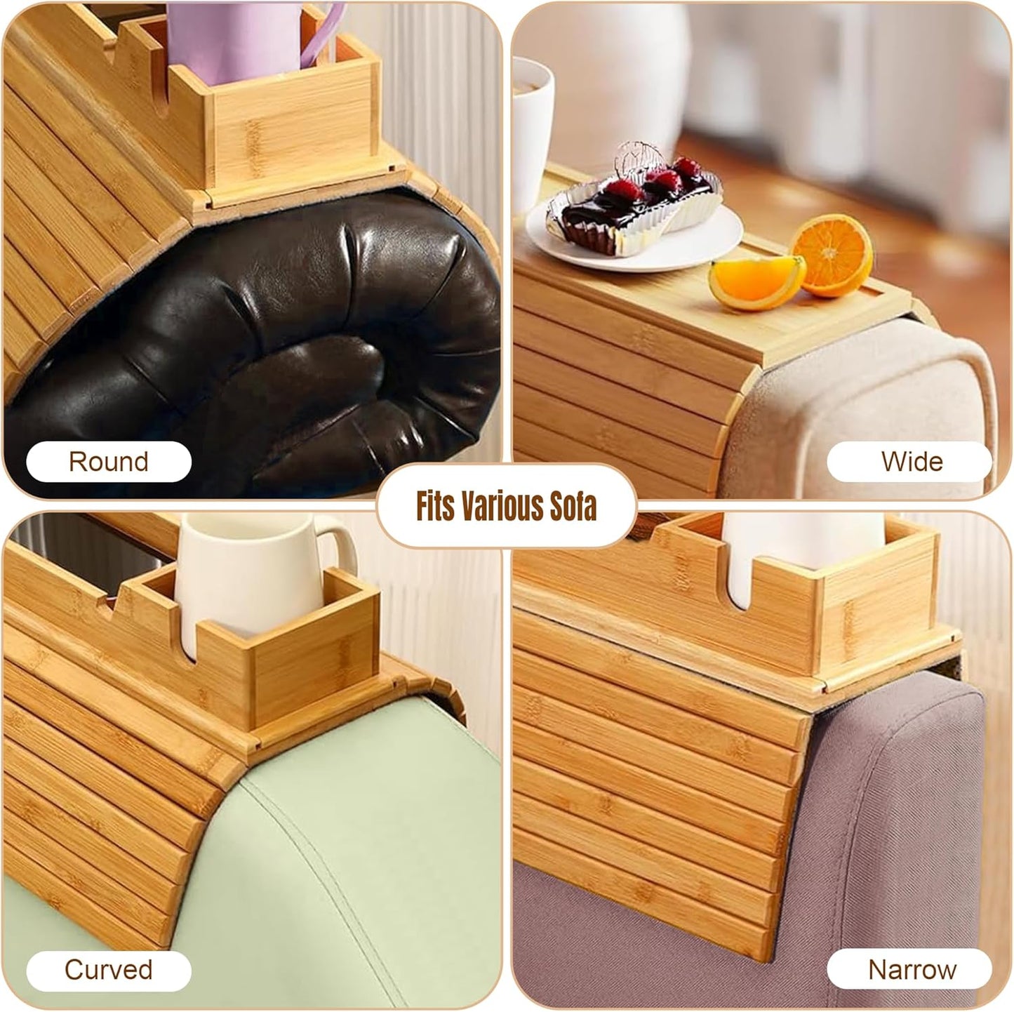 Adjustable Bamboo Couch Cup Holder (Fits 4.5β to 14β Arms) - Foldable Non-Slip Bamboo Sofa Armrest Tray - Detachable Sofa Arm Tray Couch Caddy with Cup Holder for Drinks, Phone, Remote, Snacks