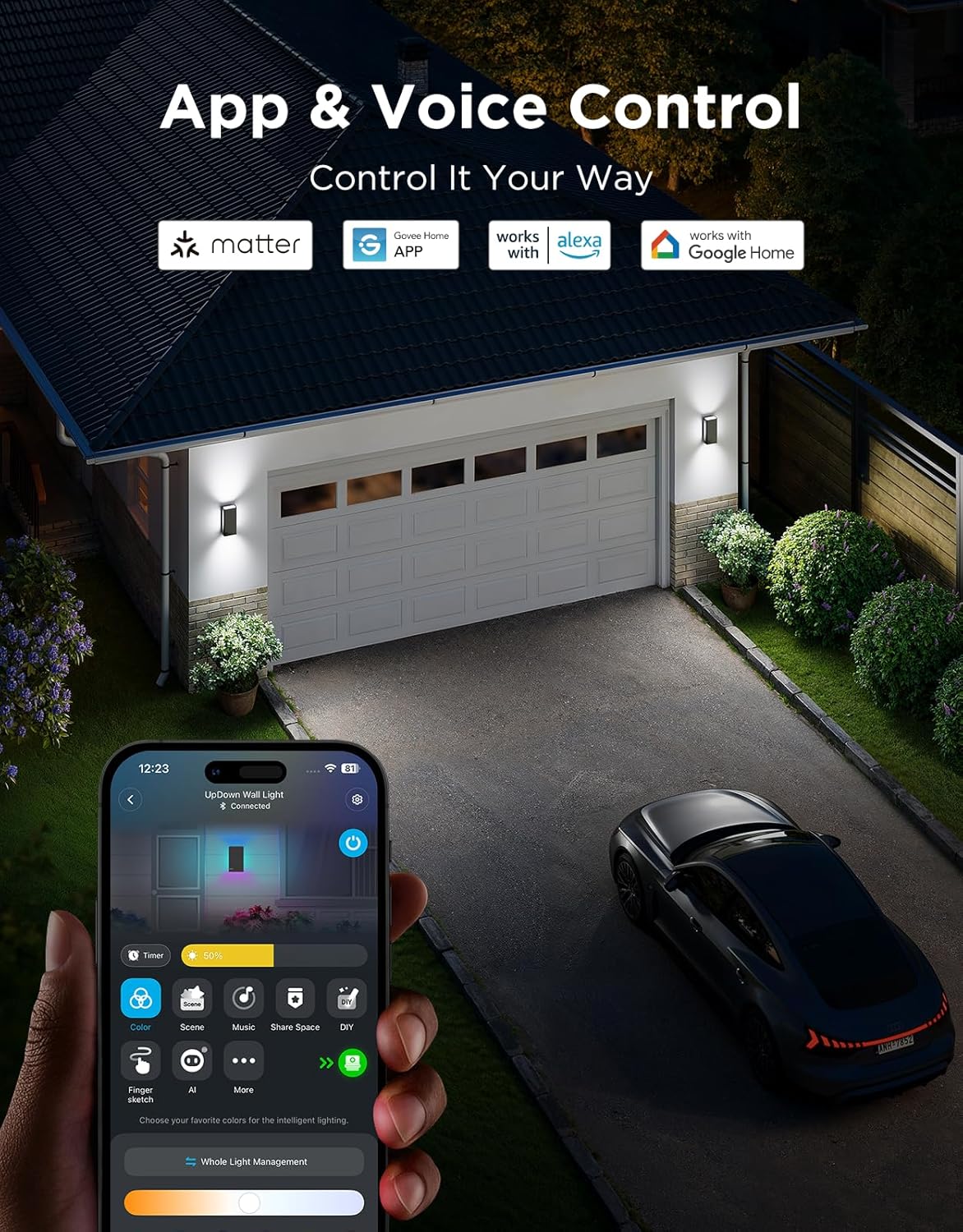 Govee Outdoor UpDown Wall Light, 1 Pack, 1200LM RGBICWW Smart Porch Lights Outdoor with 64 Scene Modes, IP66 Waterproof Wall Sconce for Outdoor Decor, Works with Alexa, Google Assistant and Matter