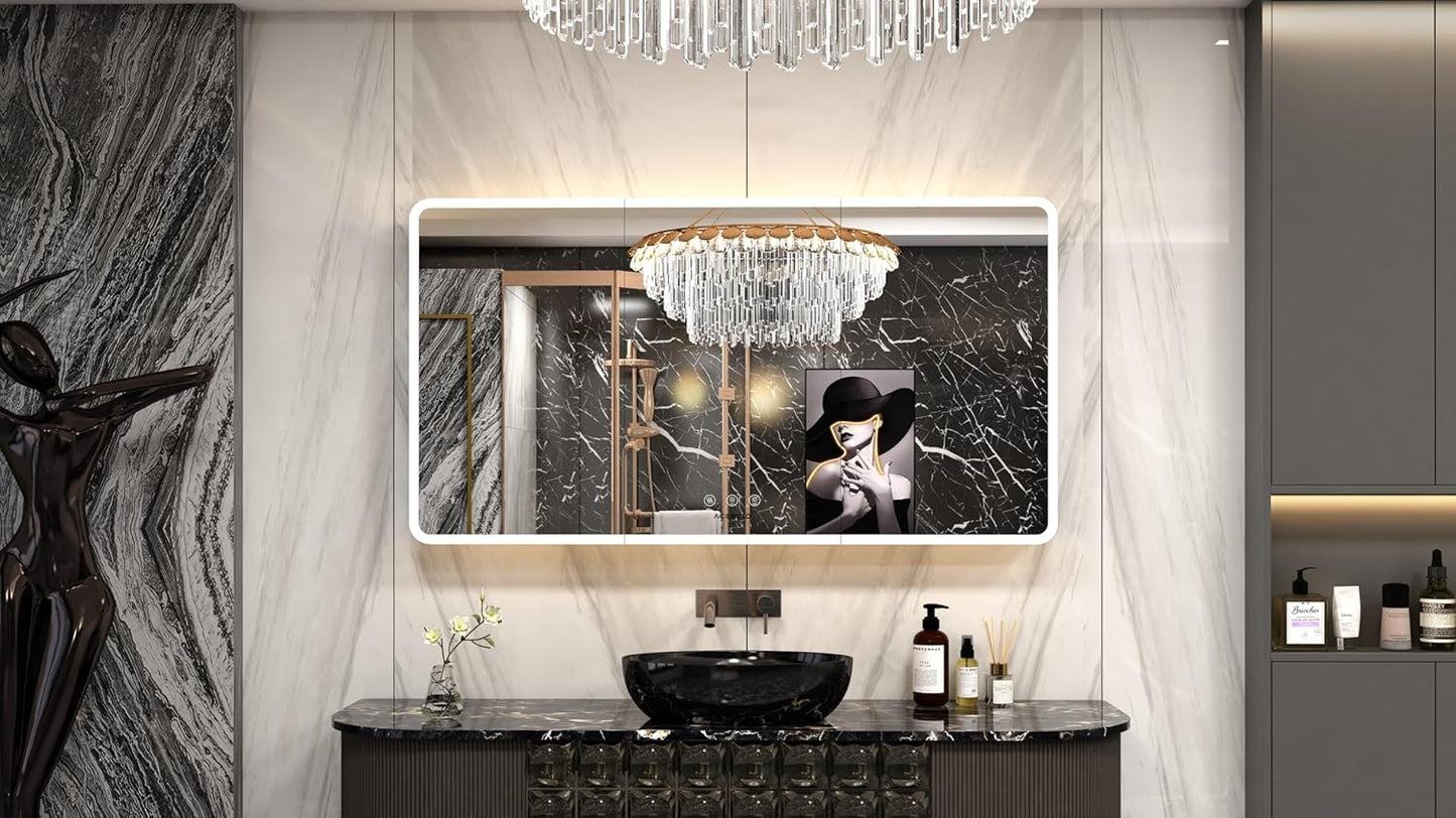 60ร32 Inch Lighted Medicine Cabinet with Mirror, RGB Backlit LED Medicine Cabinet with 3-Color Front Lights, Bathroom Mirrored Cabinet with Electrical Outlet, Defogger, Three Door