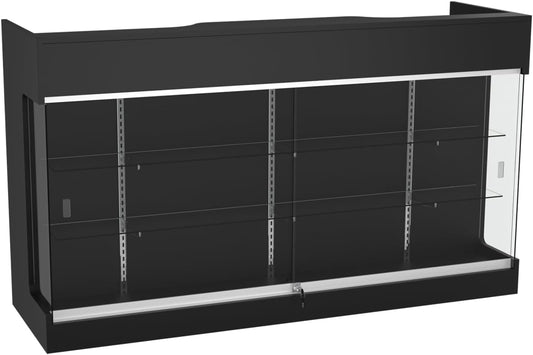 72" W x 22" D x 42" H - Ledgetop Checkout Counter with Glass Showcase View Front, Black Wooden Cash Register Stand with Showcase,Retail Glass Display Cabinet Counter