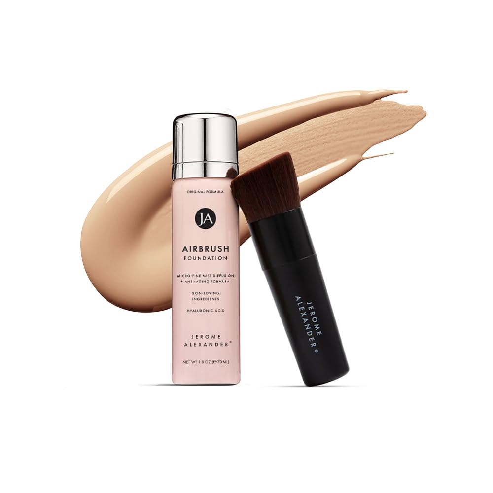 MagicMinerals AirBrush Foundation by Jerome Alexander – 2pc Set with Airbrush Foundation and Kabuki Brush - Spray Makeup with Anti-aging Ingredients for Smooth Radiant Skin - Warm Medium