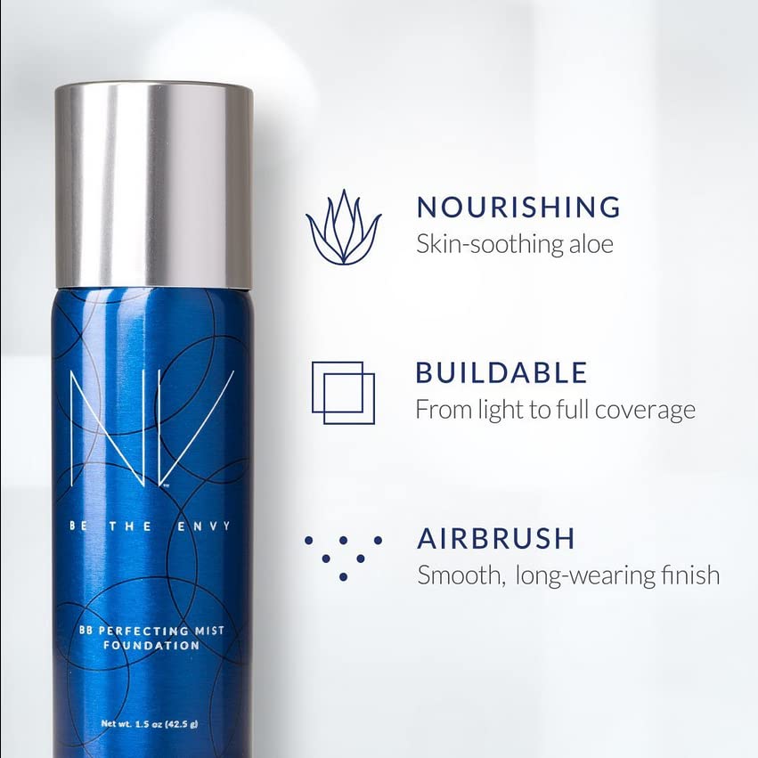 NV BB Perfecting Mist Foundation Buildable Coverage Professional Airbrush Makeup with Plant-based Stem Cell Polypeptides, Vitamins A, D, E and Aloe, 1.5 ounces, Cool Sand
