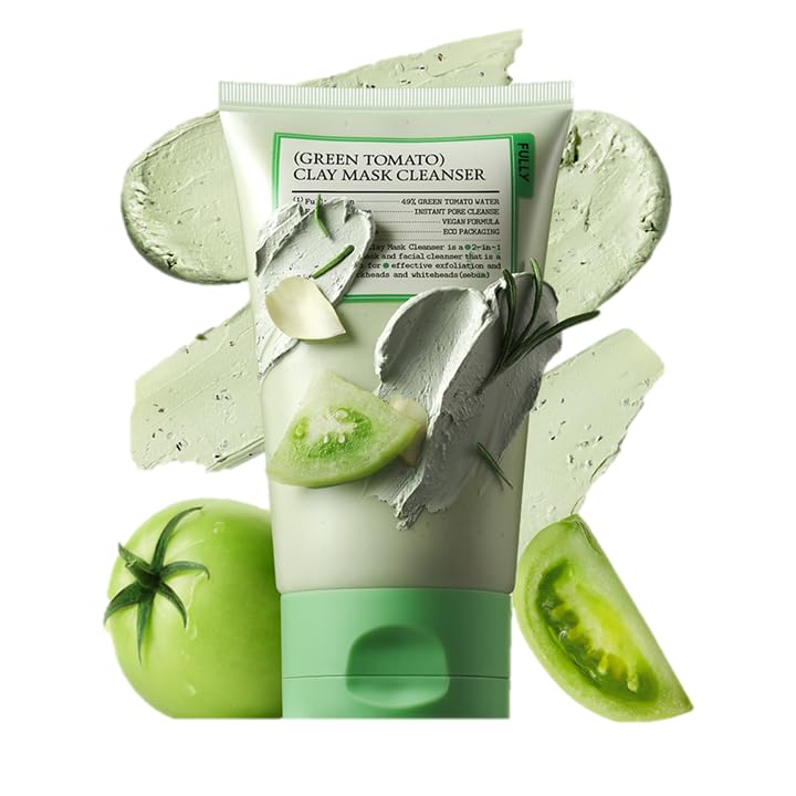 FULLY Green Tomato Pore Detox Clay Mask Cleanser, Pore Minimizing, Blackhead Care, Sebum Control, Exfoliation, Vegan, Face Wash, Sensitive Skin, Korean Skincare 4.05 fl.oz