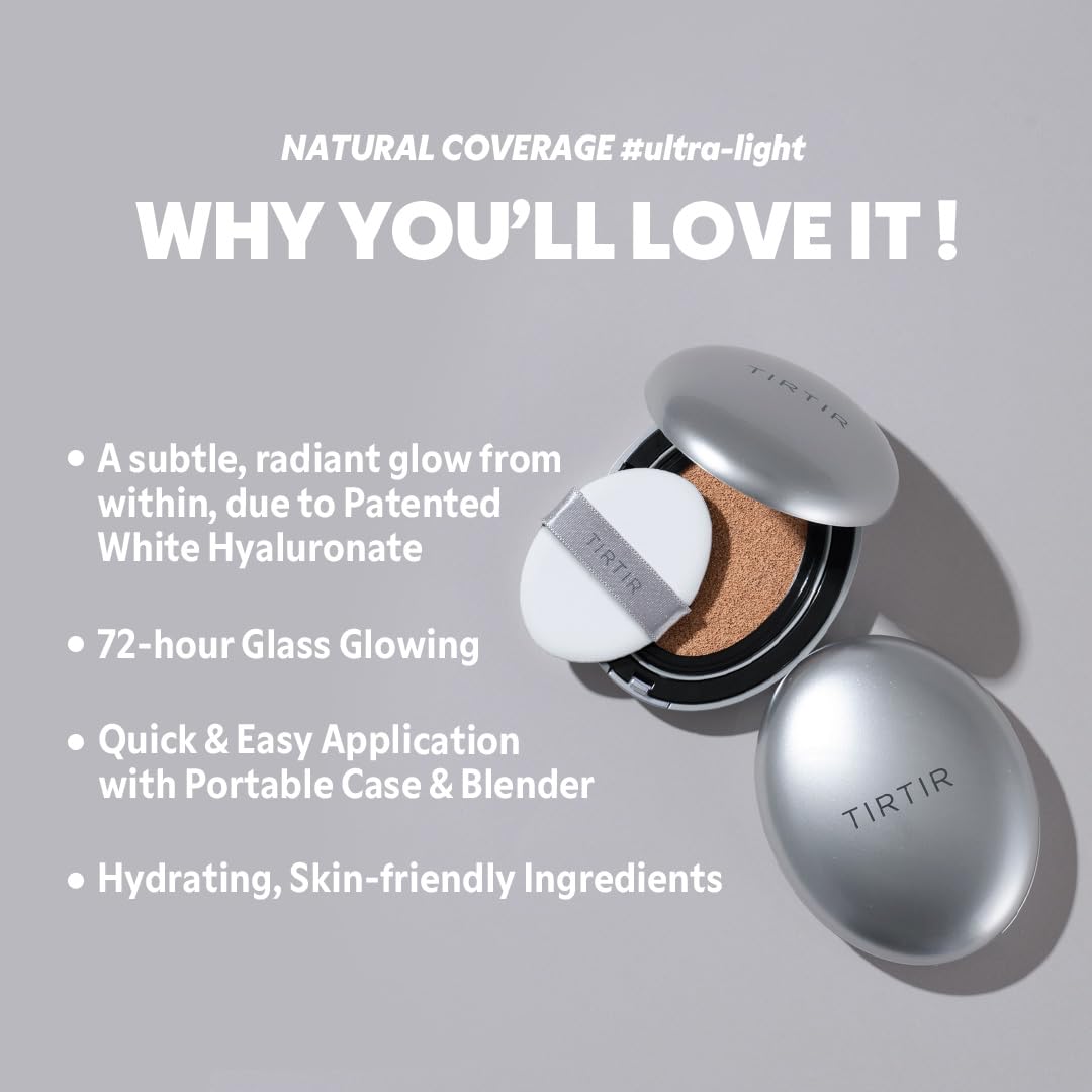 TIRTIR Mask Fit Aura Silver Cushion Foundation | Semi-glow Finish, Natural Coverage, Moisturizing, Lightweight, Korean cushion foundation (#29N Natural Beige, Full Size, 0.63 Fl Oz)
