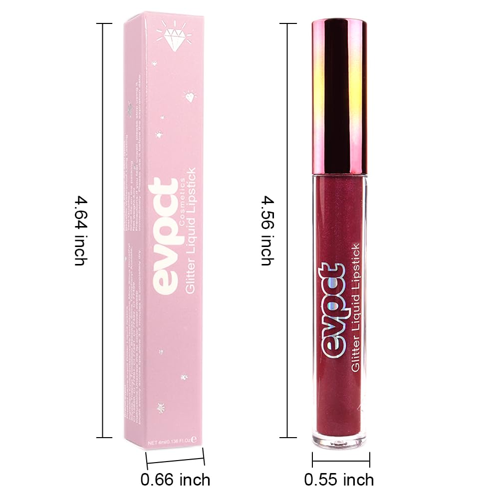 evpct 1Pcs Dark Red Glitter Metallic Shimmer Diamond Lipstick Lip Gloss Stain Set for Women Long Lasting Waterproof, Hot Bright Red Sparkle Glitter Matte long wear Liquid Lipstick Lip Makeup Kit