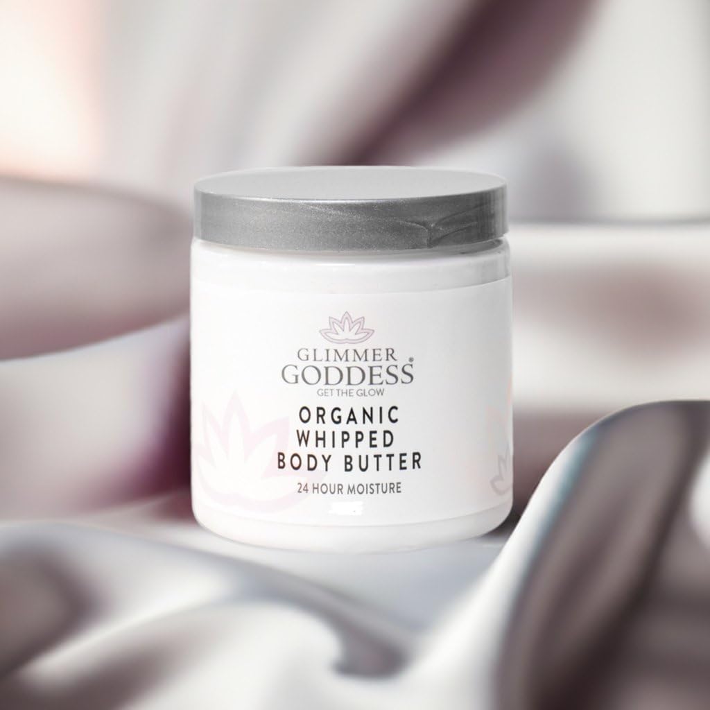 Glimmer Goddess Organic Whipped Body Butter for Women - Moisturizer Cream with Shea & Cocoa Butter, Almonds & Coconut Oil - Candy Cane, 8oz