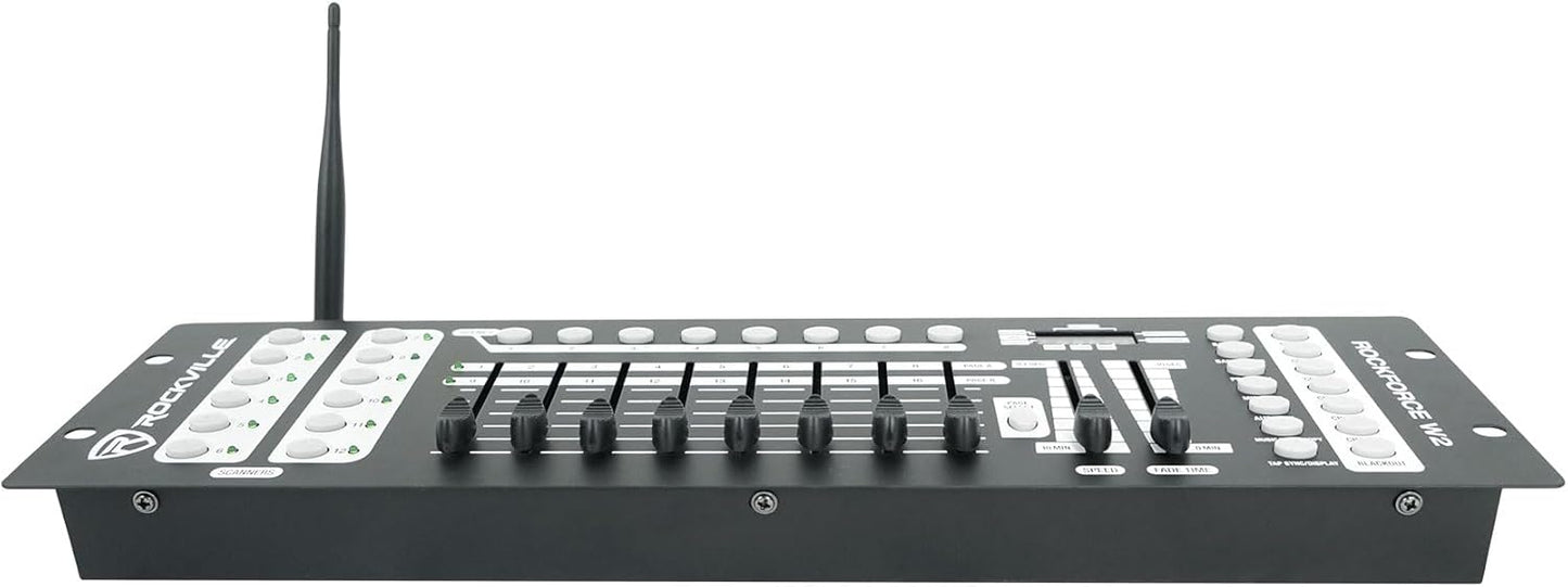 Rockville ROCKFORCE W2 192-Channel Wireless 2.4GHz DMX Lighting Controller, Built-In Transmitter, Music Triggering, Programmable Scenes, for DJs and Stage Lighting
