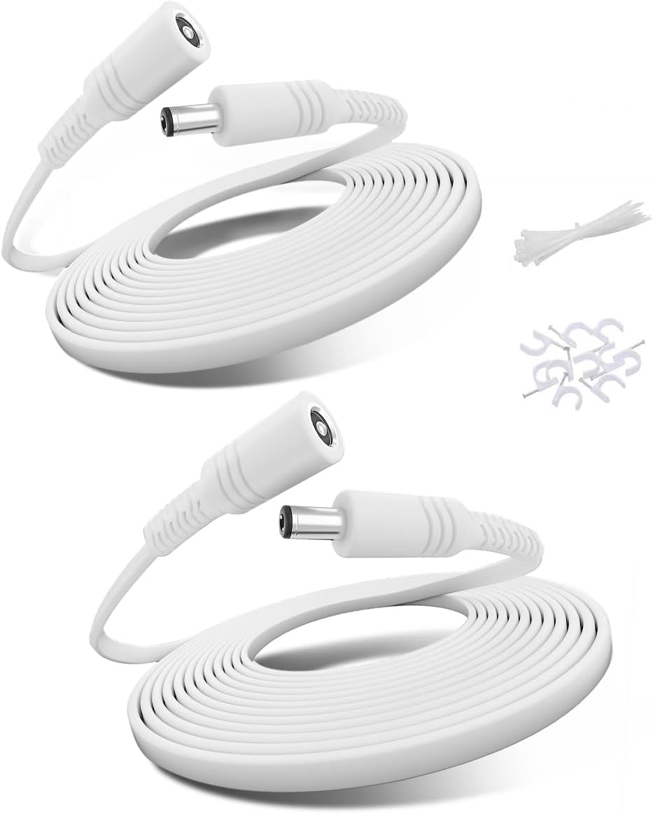 Basesailor 12V DC Extension Cable 30ft 2 Pack,5V 9V 24V 2.1mm x 5.5mm 5521 Power Supply Adapter Long Flat Extender Cord,Female to Male Wire for Outdoor CCTV Security Camera,IP Network Camera,DVRs
