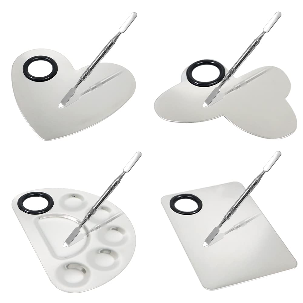 4 Pack Makeup Mixing Palette with Spatula, Stainless Steel Cosmetic Palette, Makeup Foundation Mixing Palette, Makeup Metal Mixing Tray for Makeup Nail Art Accessories