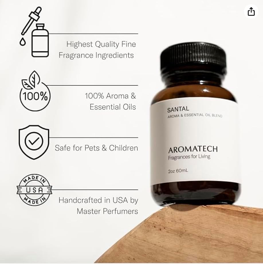 AromaTech Santal Aroma Essential Oil Blend: Luxury Hotel Inspired Aromatherapy with Amber, Vanilla, Cedar & Sandalwood for Ultrasonic Diffusers & Nebulizers - 2 fl oz, 60 mL