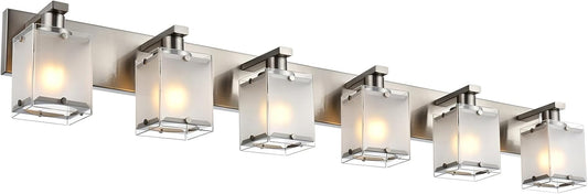 6-Lights Bathroom Vantiy Light Over Mirror, Modern Black Vanity Lighting Fixtures with Rectangular Frosted Glass Shades for Bath Kitchen Wall Mounted, E26 Bulb Base