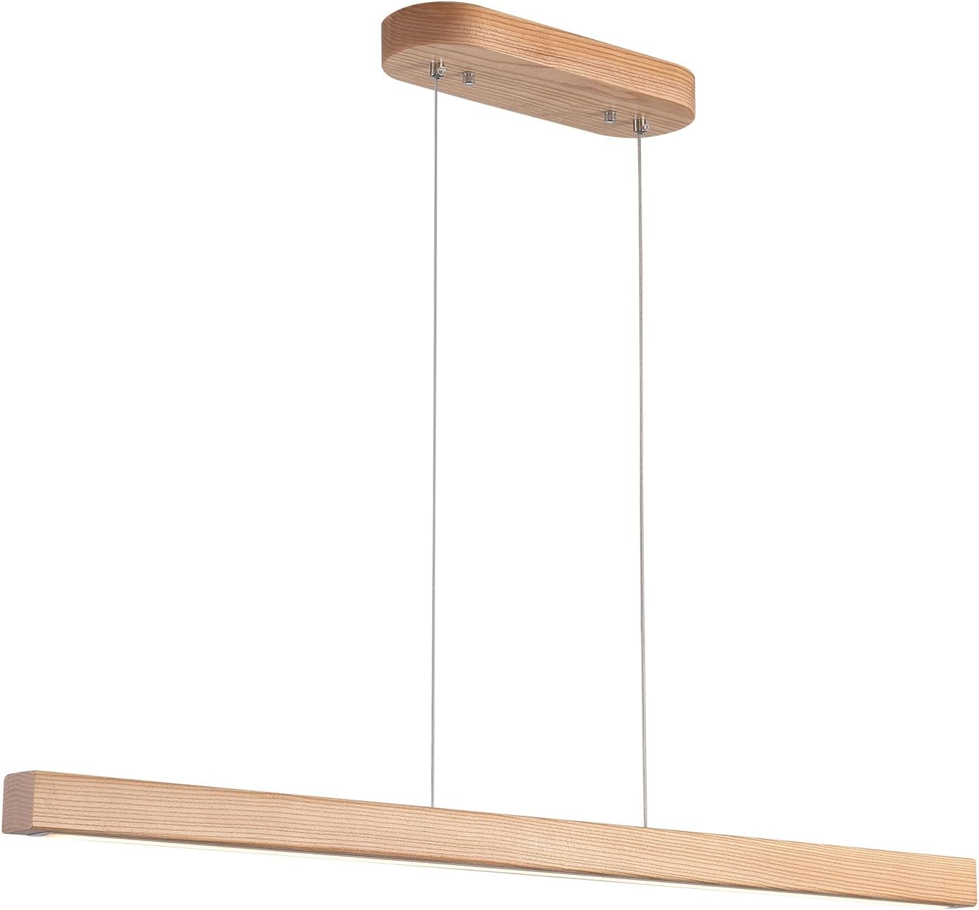 47" 36W 1-Light Wooden Led Linear Pendant Light Dimmable Led Chandelier Ceiling Hanging Light Fixtures Modern Chandeliers for Dining Room Kitchen Island Pool Table Lights Natural