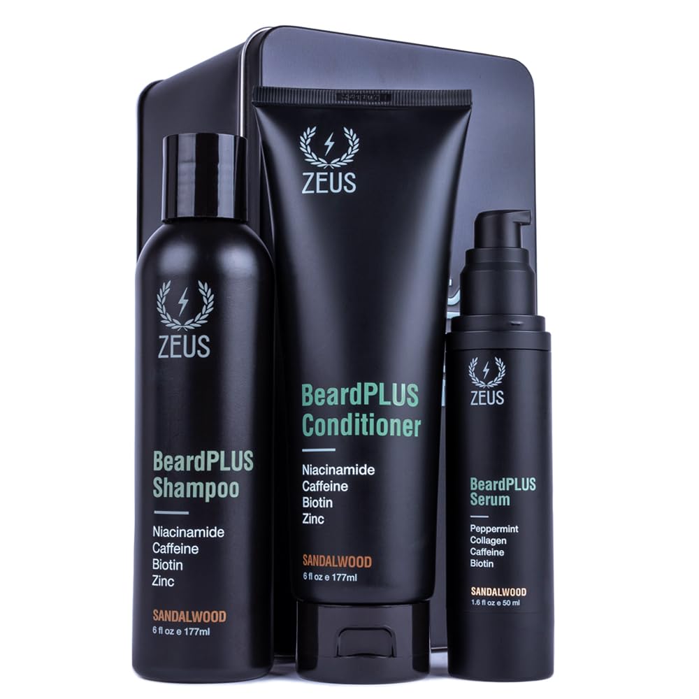 ZEUS BeardPLUS Essential Beard Growth Set for Men, Hair Growth Treatment, Shampoo, Conditioner & Serum for Thicker & Stronger Facial Hair with Biotin & Caffeine (Made in USA) 3-Piece Set