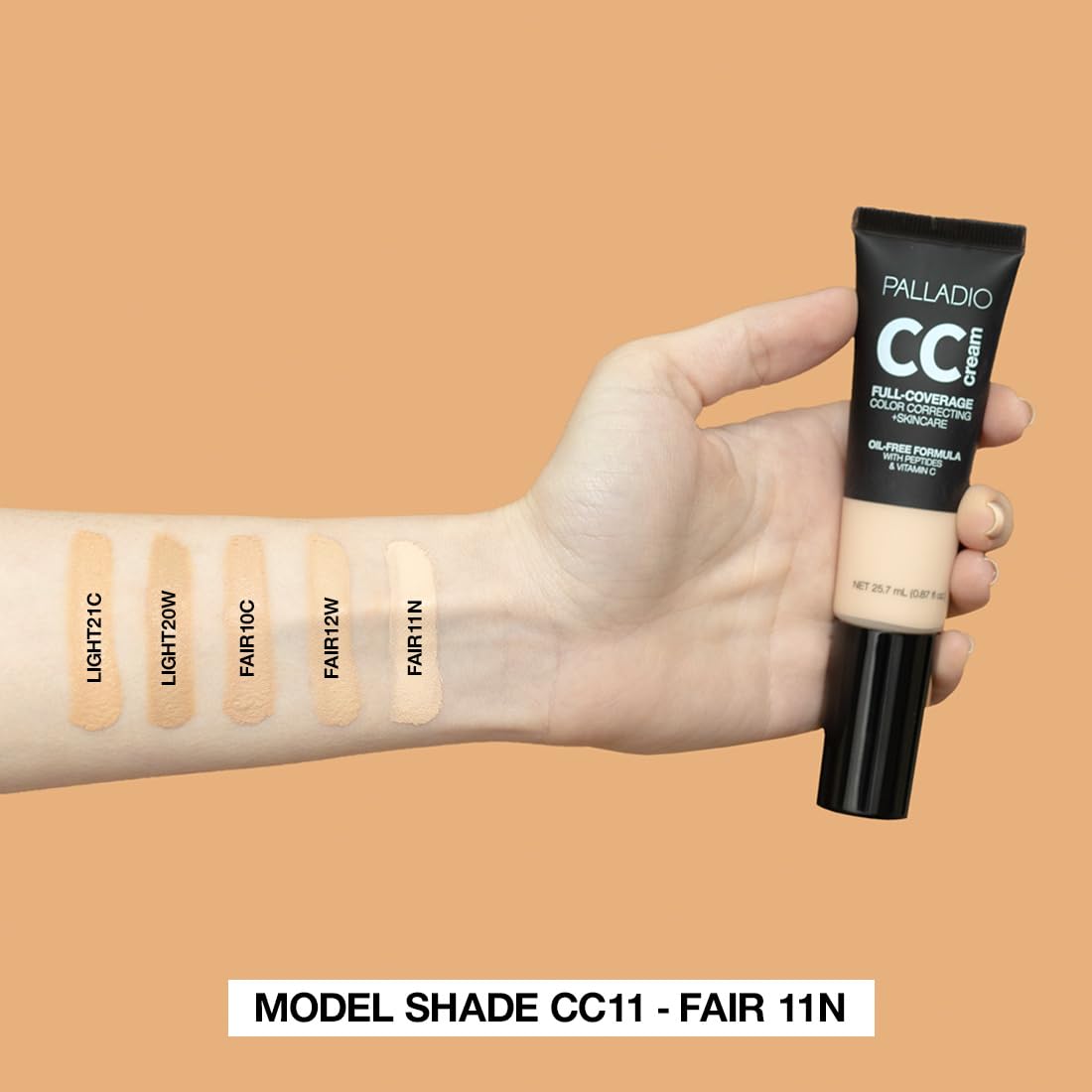 Palladio Full-Coverage Color Correction CC Cream, Oil-Free with Peptides & Vitamin C, Best for Correcting Redness and Uneven Skin Tone, Buildable Foundation Coverage (Fair 10C)