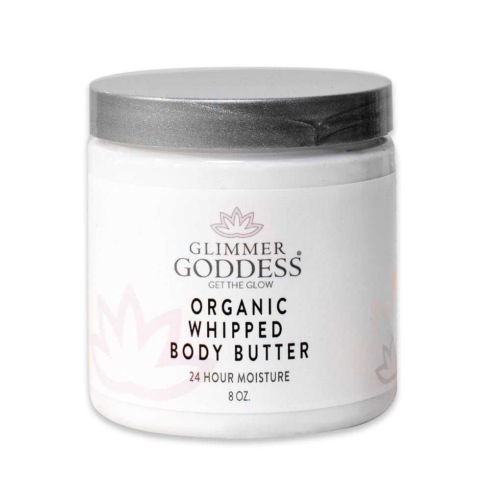 Glimmer Goddess Organic Whipped Body Butter for Women - Moisturizer Cream with Shea & Cocoa Butter, Almonds & Coconut Oil - Frankinsense & Myrhh, 8oz