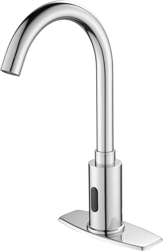 Automatic Touchless Bathroom Sink Faucet Motion Sensor Commercial Kitchen Hands Free Faucet with Hole Cover Plate,AC/DC Powered, Public Sink Faucet,Chrome (Chrome High)