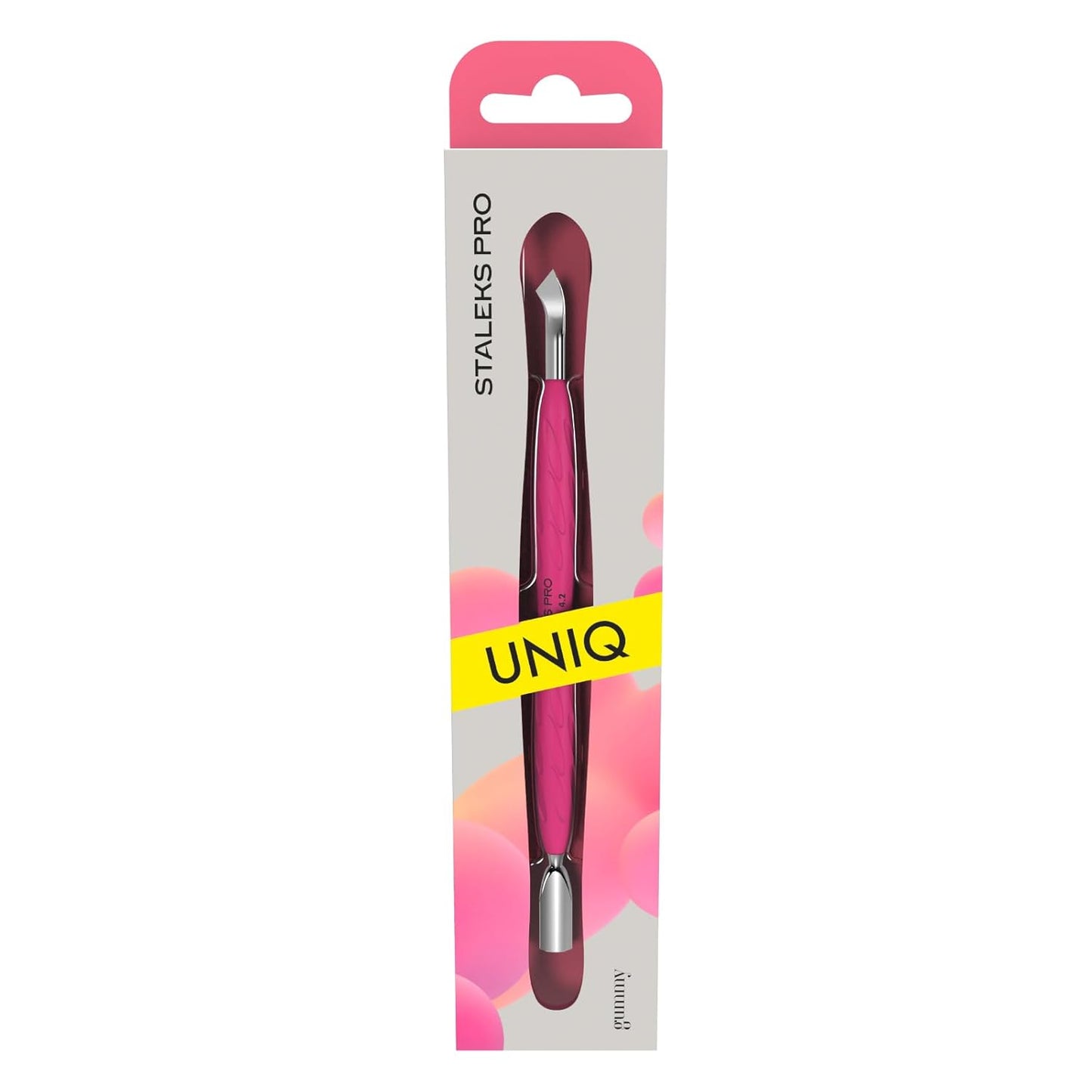 Staleks Manicure pusher Gummy with silicone handle UNIQ 10 TYPE 4.2 – Stainless Steel – Professional Cuticle Tool (rounded narrow pusher and bent blade)