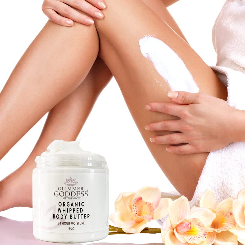 Glimmer Goddess Organic Whipped Body Butter for Women - Moisturizer Cream with Shea & Cocoa Butter, Almonds & Coconut Oil - Frankinsense & Myrhh, 8oz