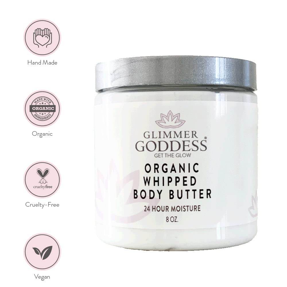 Glimmer Goddess Organic Whipped Body Butter for Women - Moisturizer Cream with Shea & Cocoa Butter, Almonds & Coconut Oil - Rose Geranium Lavender, 8oz