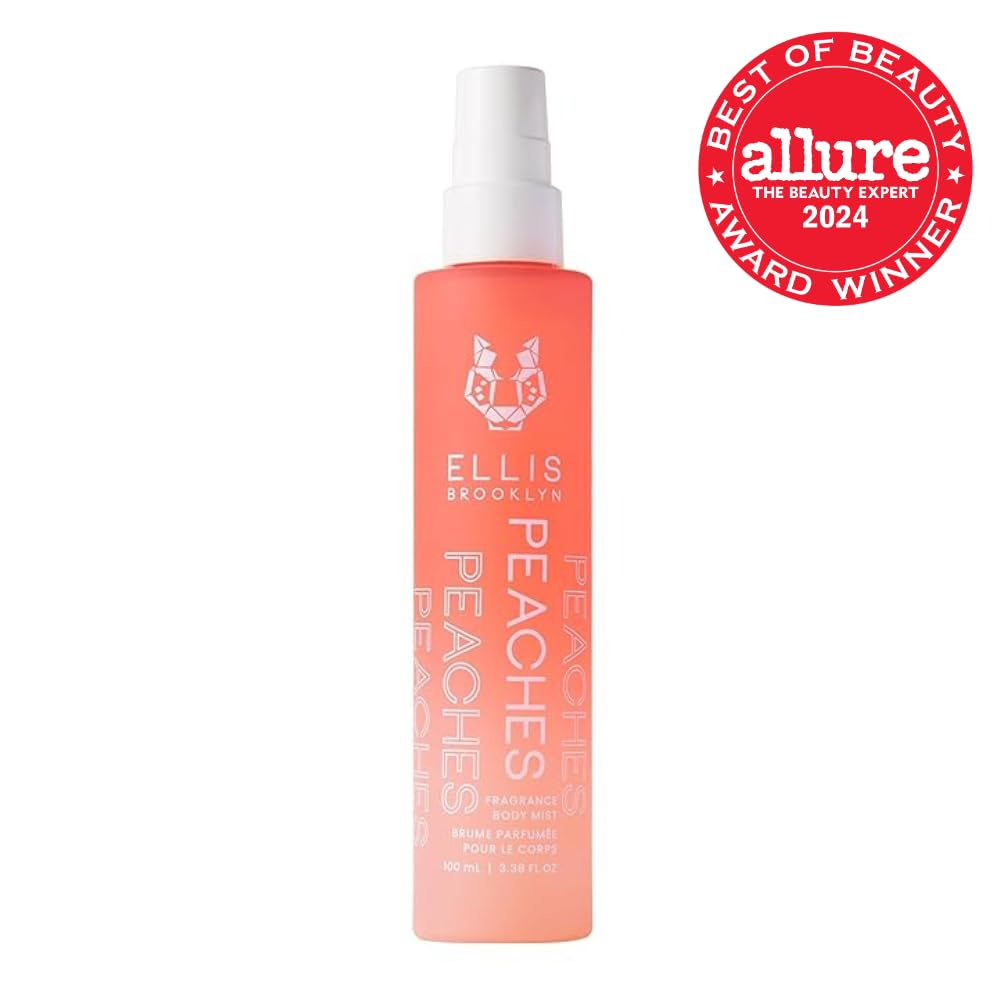 Ellis Brooklyn PEACHES Hair And Body Fragrance Mist - Fruity Floral Perfume Mist For Women with Sweet Peach, Rosebud, & Sandalwood, Vegan Perfume Made In The USA, 100ml 3.38 Fl Oz