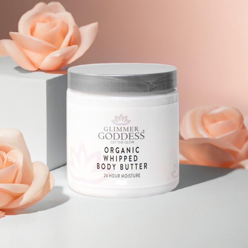 Glimmer Goddess Organic Whipped Body Butter for Women - Moisturizer Cream with Shea & Cocoa Butter, Almonds & Coconut Oil - Salted Caramel, 8oz