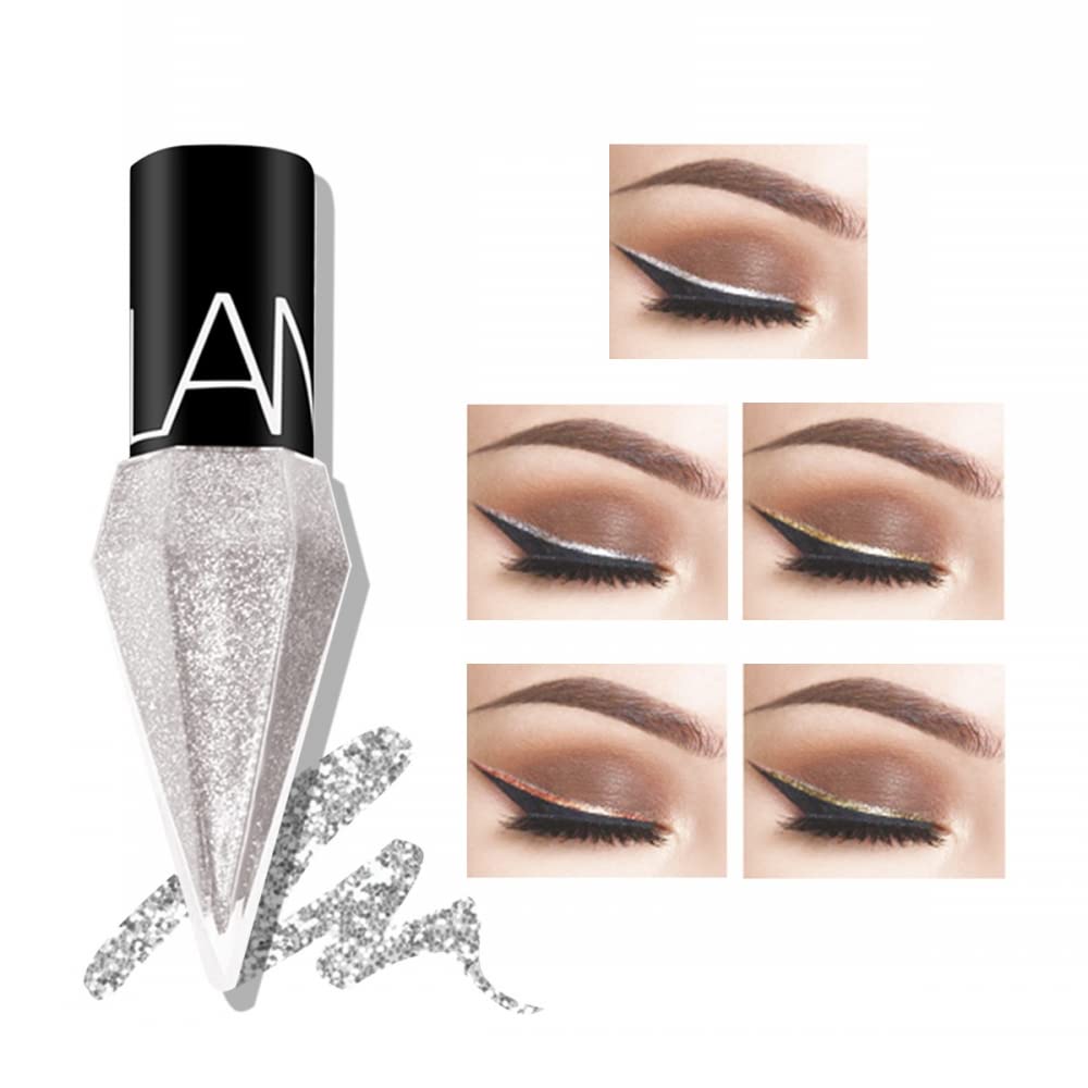 Go Ho Glitter Liquid Eyeliner Colorful Set,5 Colors Metallic Shimmer White Silver Gold Diamond Eye Liner,Glitter Eyeliner Eyeshadow Shine,Waterproof Long Lasting Glow Sparkle Eye Makeup