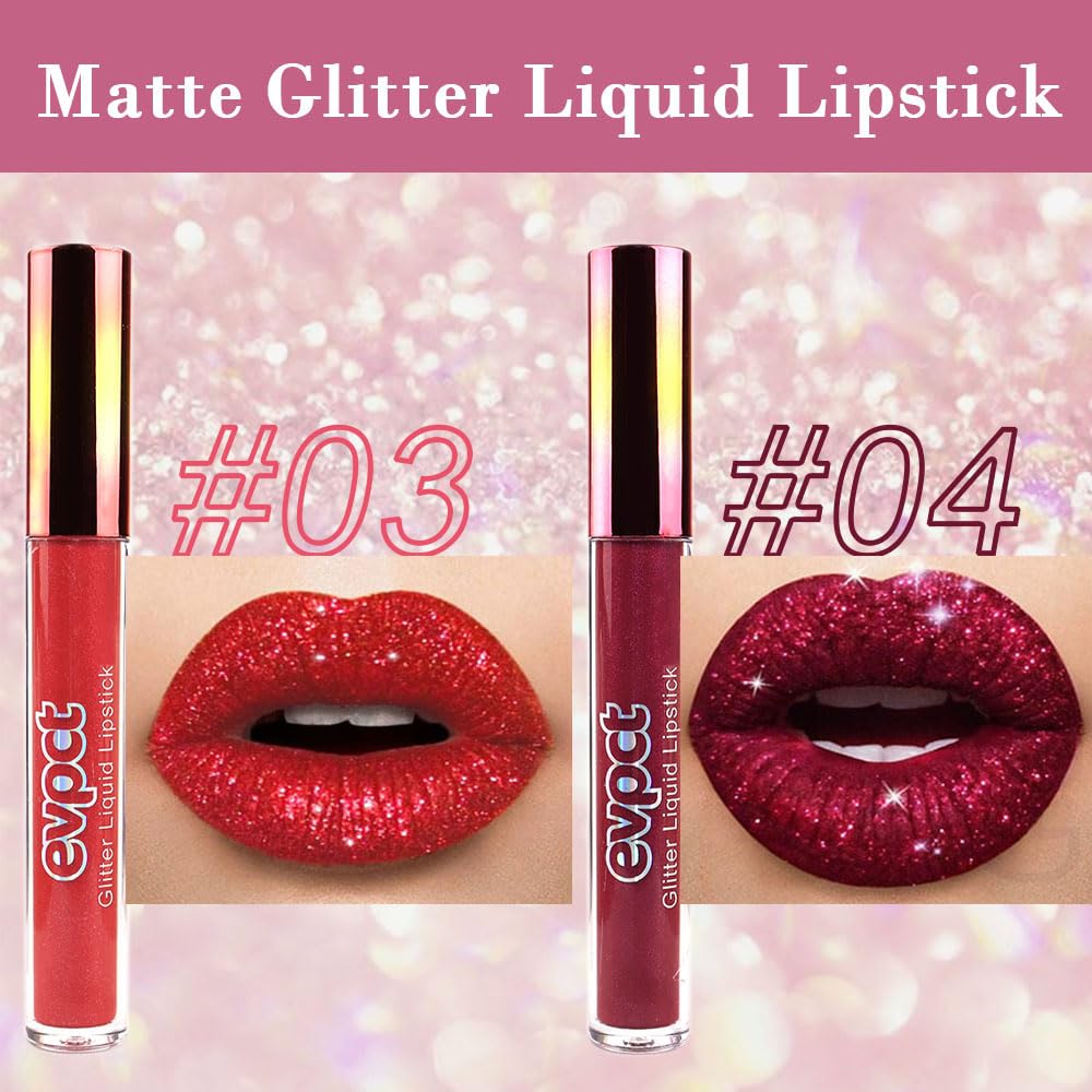 evpct 2Pcs Red Glitter Metallic Shimmer Diamond Lipstick Lip Gloss Stain Set for Women Long Lasting Waterproof, Dark Hot Bright Red Sparkle Glitter Matte long wear Liquid Lipstick Lip Makeup Kit