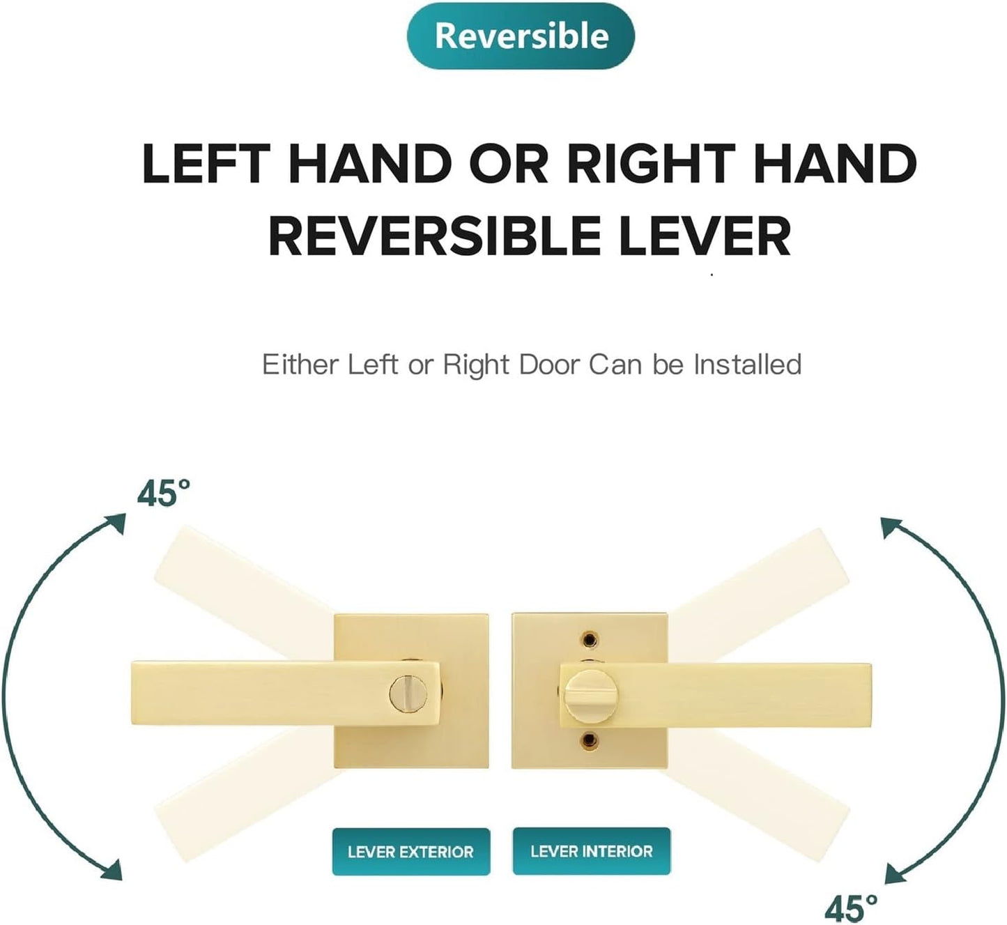 1 Pack Privacy Gold Door Knob, Square Stain Brass Door Knob for Bathroom,Gold Door Handle Interior Locked Inside with Turn Thumb Left/Right Handed Reversible,Keyless