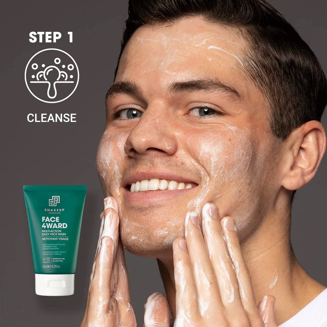 Shakeup - Mens Skincare Routine with Wash Bag, Gift Set, Daily Face Wash, Clarifying Toner, Anti Ageing Serum, Matte-Effect Moisturiser, Plus Wash Bag