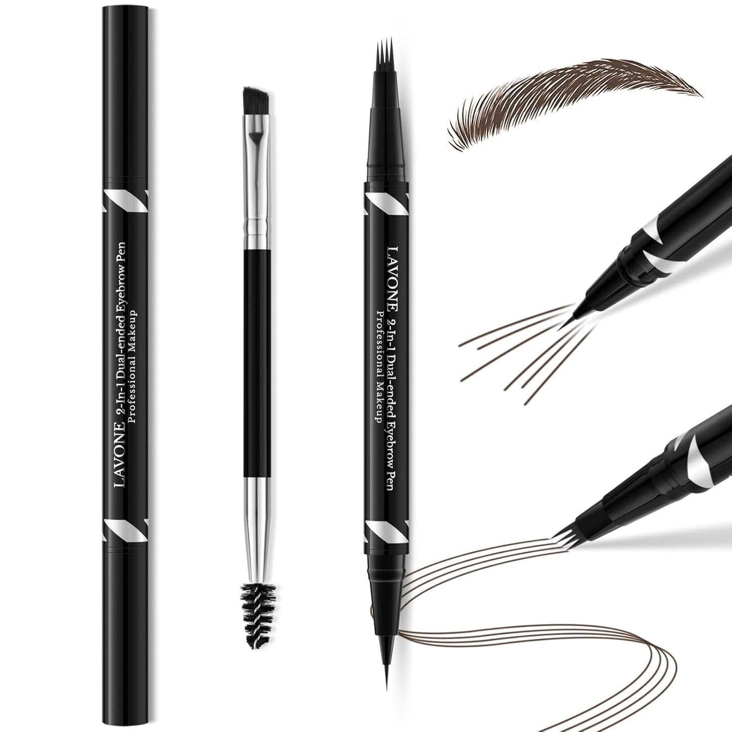 LAVONE 2-IN-1 Dual-ended Waterproof Eyebrow Pencil, 4 Tip Microblading Pen & Ultra-Precise Brow Pencil, Dual-ended Eyebrow Brush, Ebony
