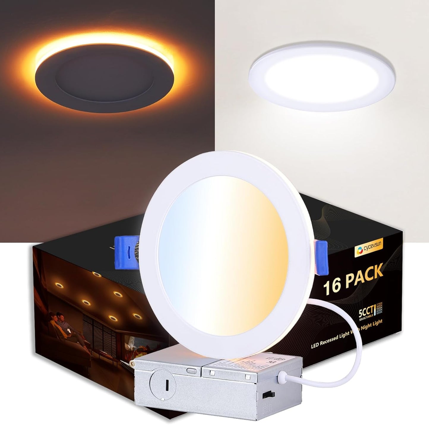 CycevSun Canless 6 Inch LED Recessed Lights with Night Light 16 Pack, Ultra Thin Wafer Downlight Indoor Exterior Soffit, Dimmable & 5 Color Selectable,12W, 120V, ETL Listed